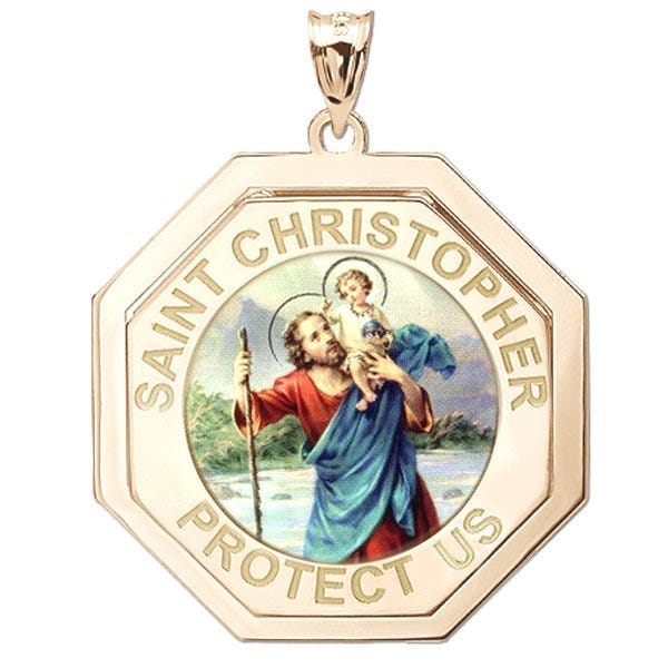 Saint Christopher Three Dimensional Premium Weight  Octagon Religious Medal - "Color EXCLUSIVE"