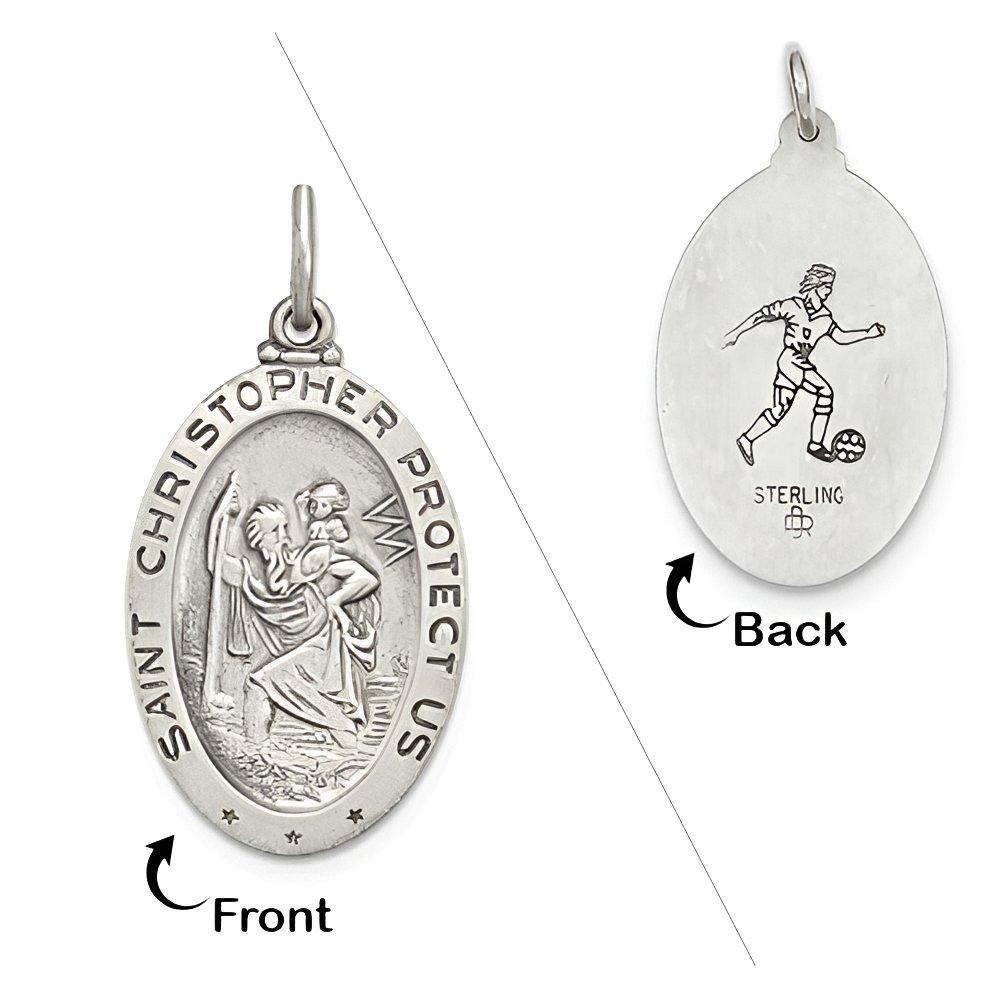 Sterling Silver Saint Christopher Double Sided Soccer Oval Religious Medal