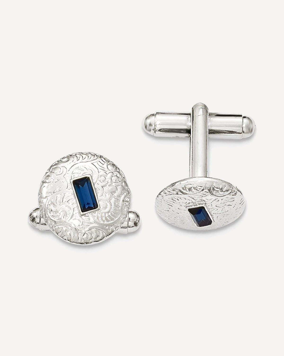 Silver-tone Blue Crystal Filigree Round Cufflinks