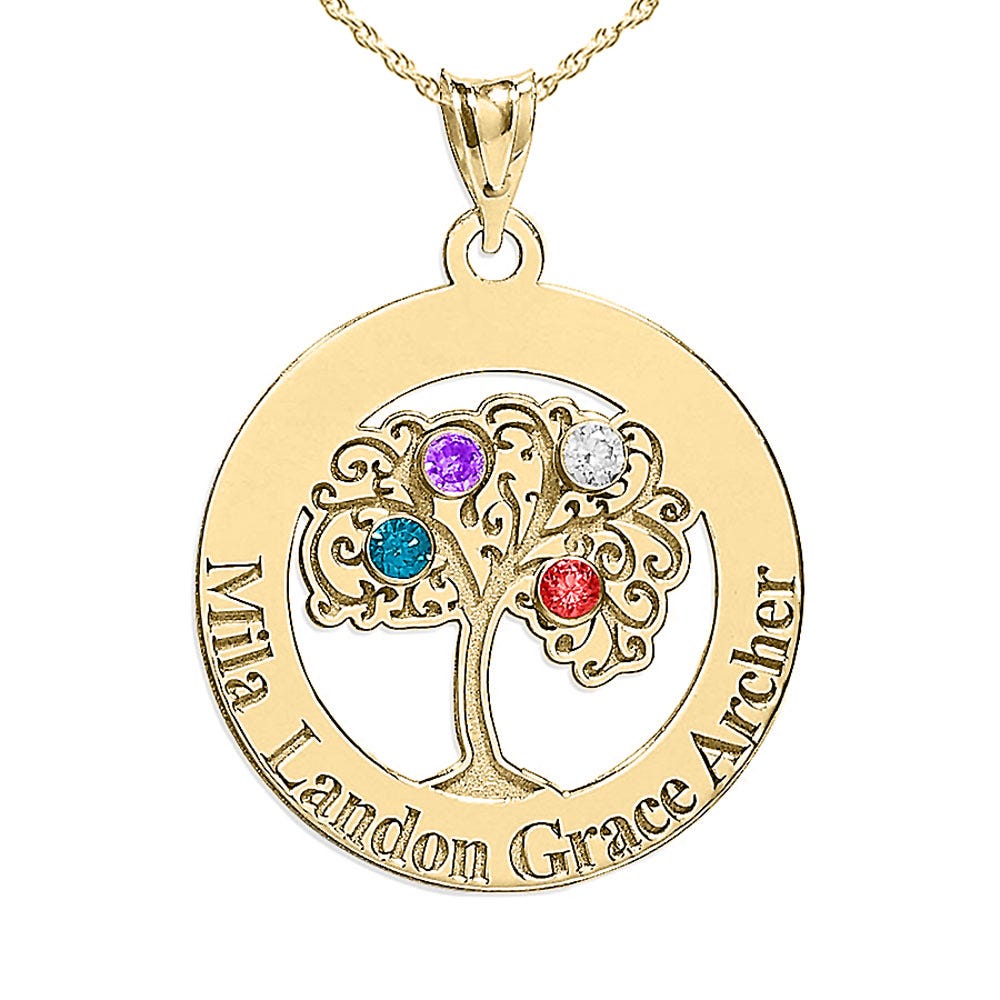 Personalized Family Tree Pendant with Four Names and Birthstones