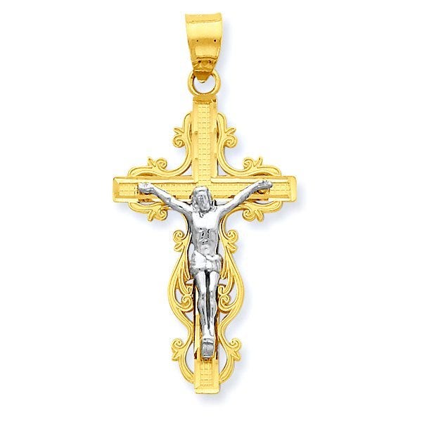 14K Two-Tone Gold  Small Narrow Crucifix Pendant