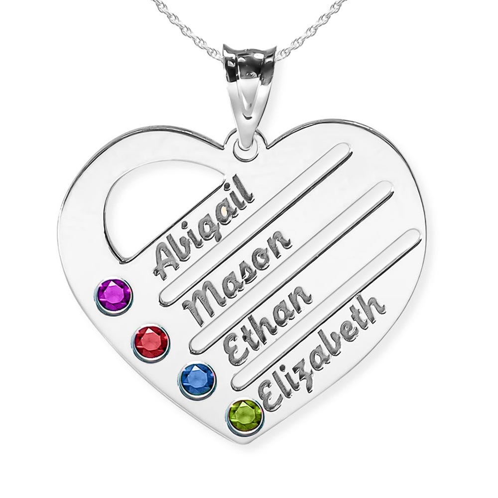 Personalized Heart Family Pendant With 4 Birthstones & Names - Includes 18 inch Chain