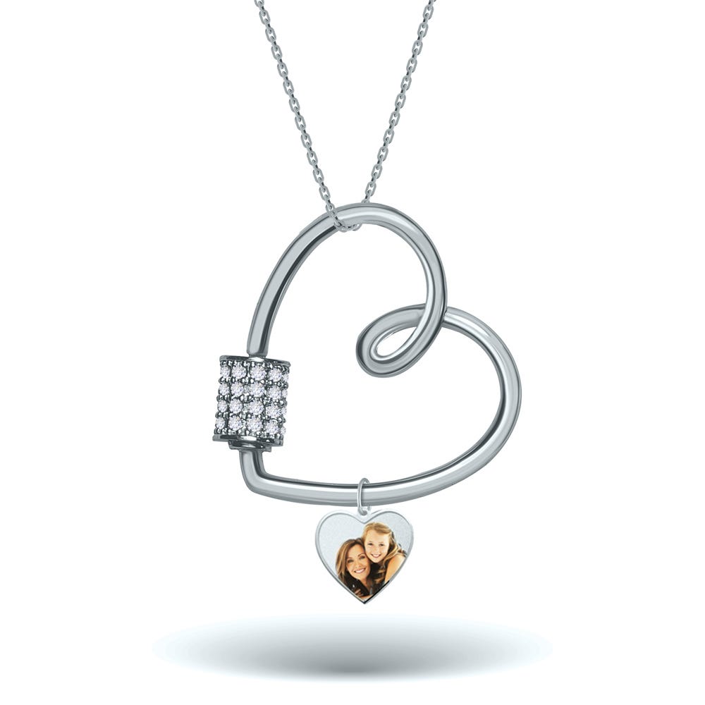 Carabiner Heart Pendant Necklace with CZ Barrel and Dangle Photo Charms / Chain Included