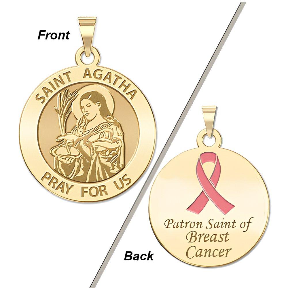 Saint Agatha Double Sided Patron Saint of  Breast Cancer Round Religious Medal w/ Pink Ribbon
