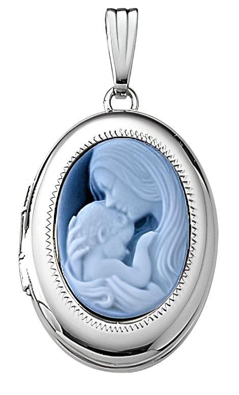 14k White Gold Mother & Child Cameo Oval Photo Locket