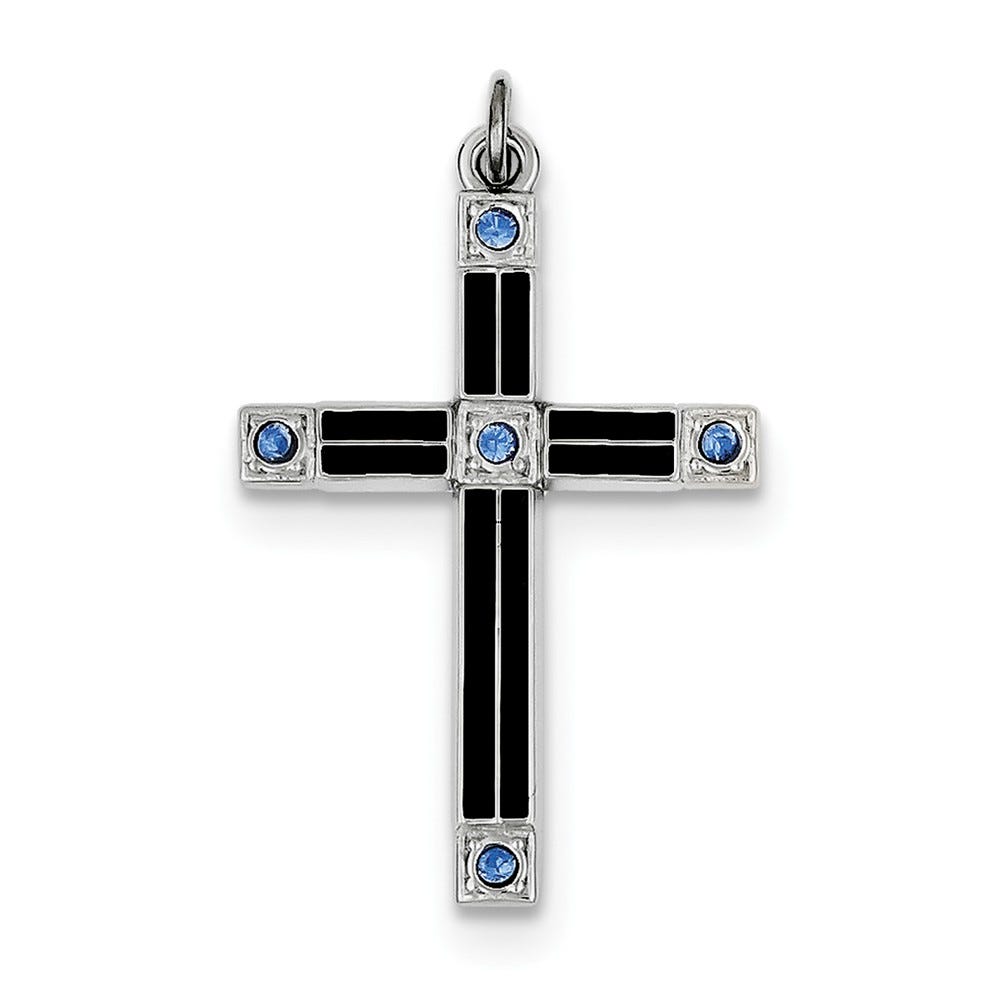 Sterling Silver Rhodium-plated Enameled & Blue CZ Cross Pendant