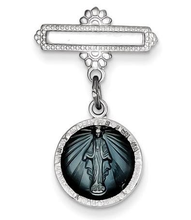 Sterling Silver Miraculous  Medal Baptismal Brooch with Aqua Enamel