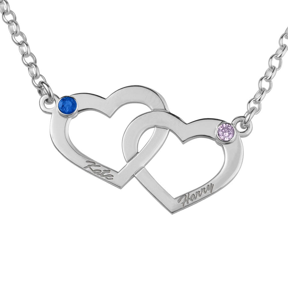 Interlocking Heart Necklace with Two Birthstones & Two Names