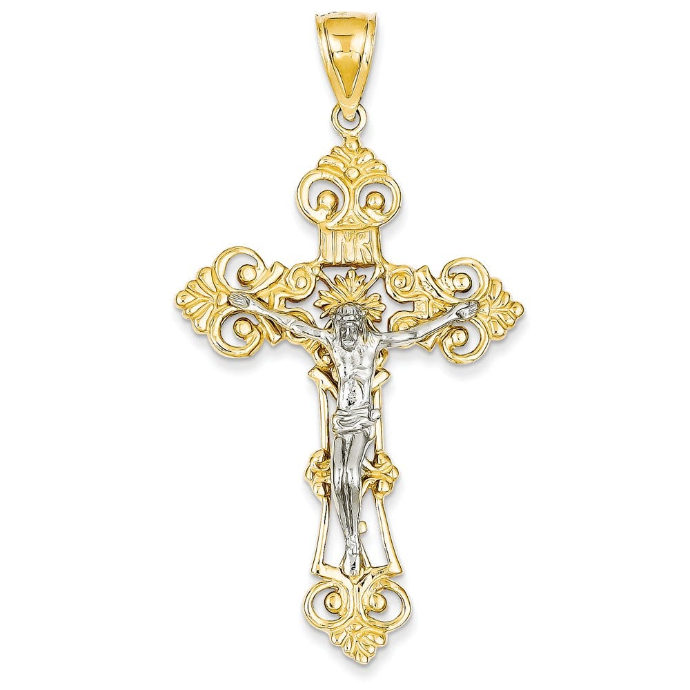 14k Two-tone INRI Fleur De Lis Crucifix Pendant