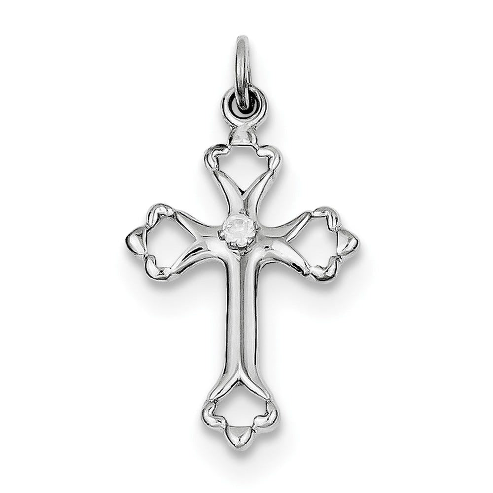 Sterling Silver Rhodium-plated Budded Cross w/CZ Charm