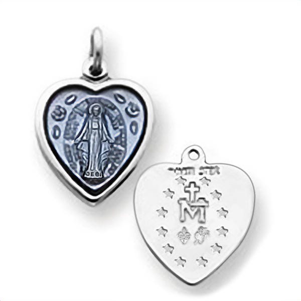Sterling Silver Petite Heart Shaped Miraculous Religious Medal Pendant w/ Epoxy Resin