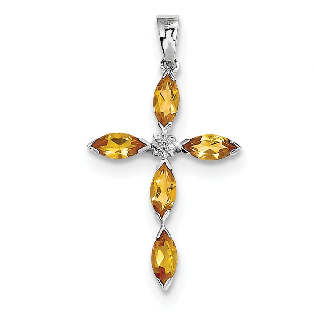 Sterling Silver Rhodium Citrine & Diamond Cross Pendant
