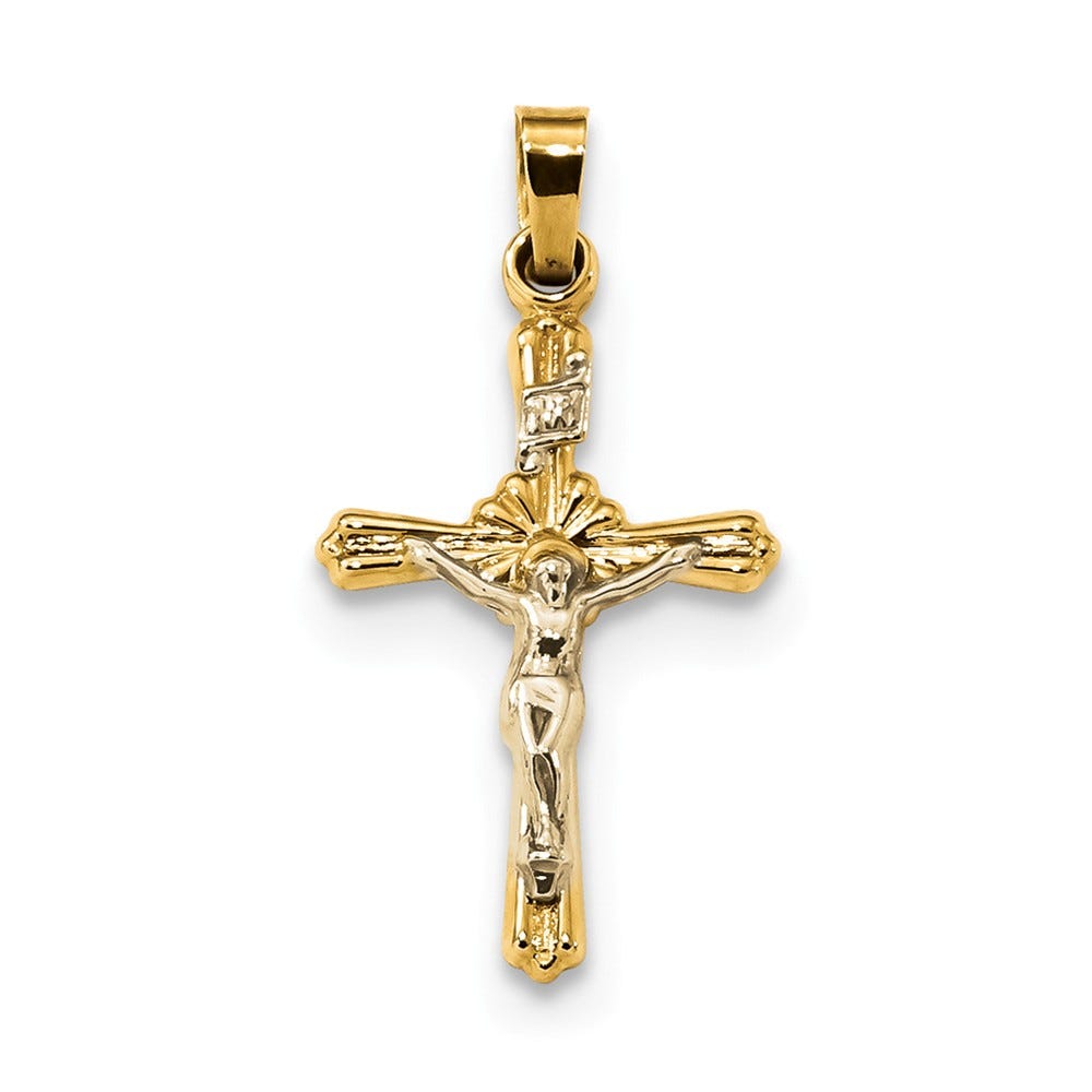 14k Two-tone Flower Center INRI Crucifix Pendant