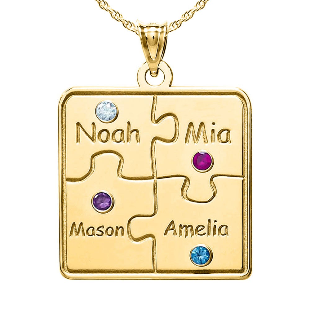 Personalized Family 4-Piece Puzzle Pendant with Names and Birthstones - Included 18 inch Chain