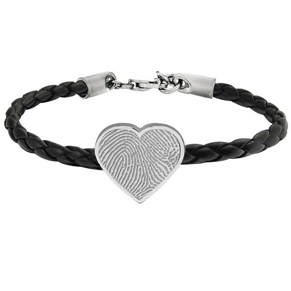 Fingerprint Leather Rope Bracelet w/ Stainless Steel Heart Charm