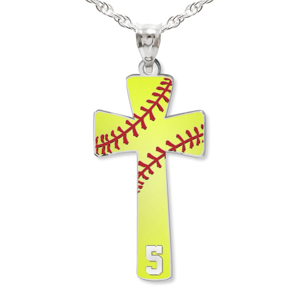 Softball Stitch Enameled Cross Pendant w/ Number