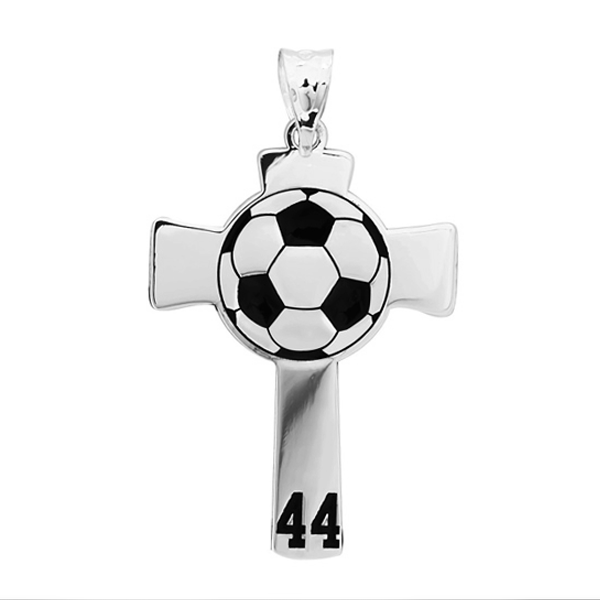 Soccer Stitch Enameled Cross Pendant w/ Number