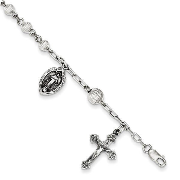 Sterling Silver  Round Flute Rosary Bracelet /with Miraculous Medal - 7 Inch Sterling Silver Rosary Bracelet