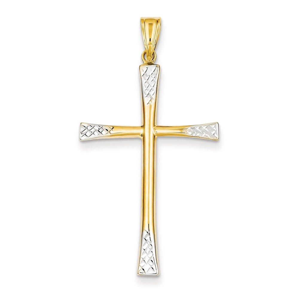 14k & Rhodium Diamond Cut Hollow Cross Pendant