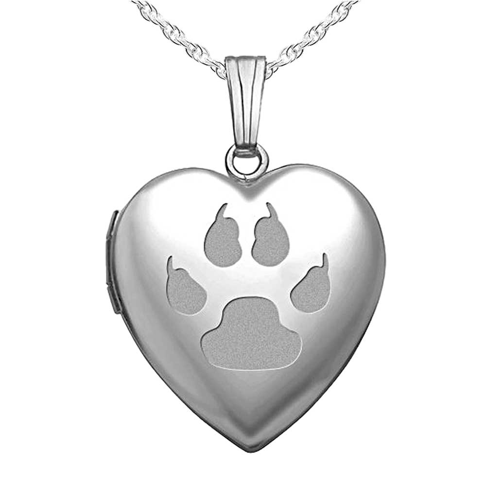 Silver Cat's Paw Print Heart Photo Locket