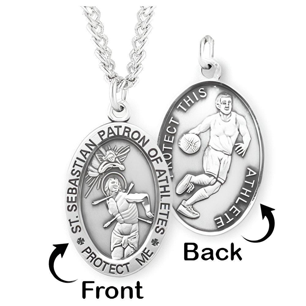 Sterling Silver Saint Sebastian Sided Basketball Oval Religious Medal w/ Chain