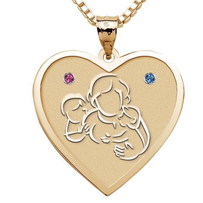 Mother with Son and Daughter Heart Pendant w/ Birthstones