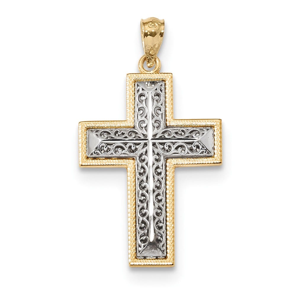 14k Two-tone Polished Filigree Cross Pendant