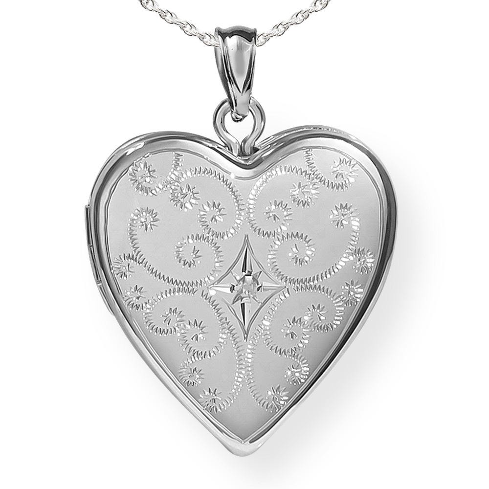 Silver Floral Heart Photo Locket with Cubic Zirconia