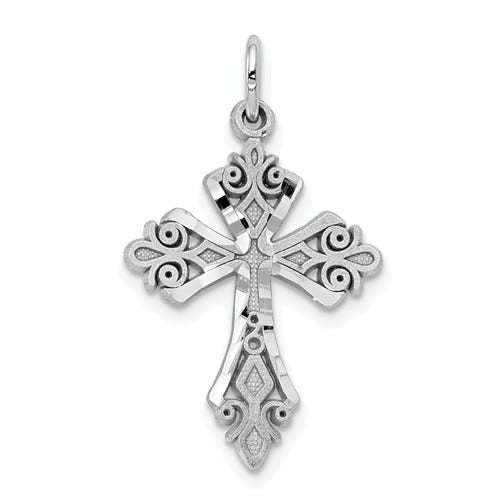 10k White Gold Diamond-Cut Openwork Scroll Cross Charm