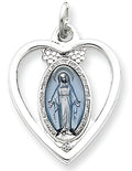 Sterling Silver Heart Shaped Cut-Out Miraculous Religious Medal Pendant w/ Epoxy Resin