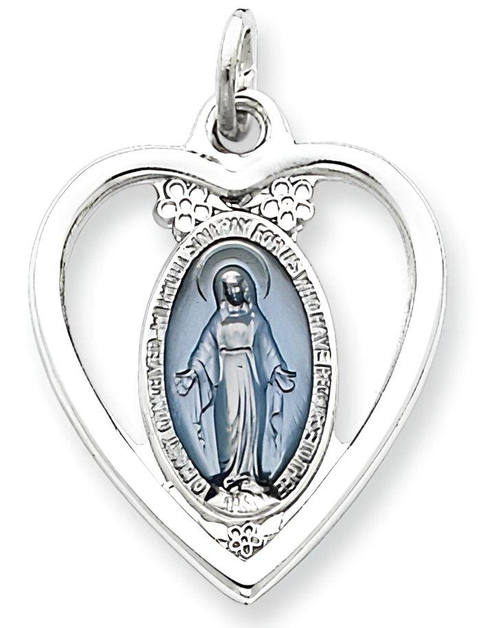 Sterling Silver Heart Shaped Cut-Out Miraculous Religious Medal Pendant w/ Epoxy Resin