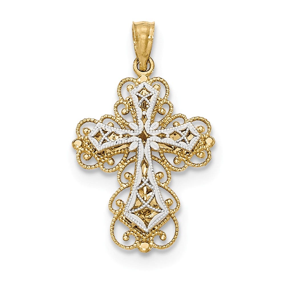 14k Y/W Gold Polished 2 Level Filigree Cross Pendant