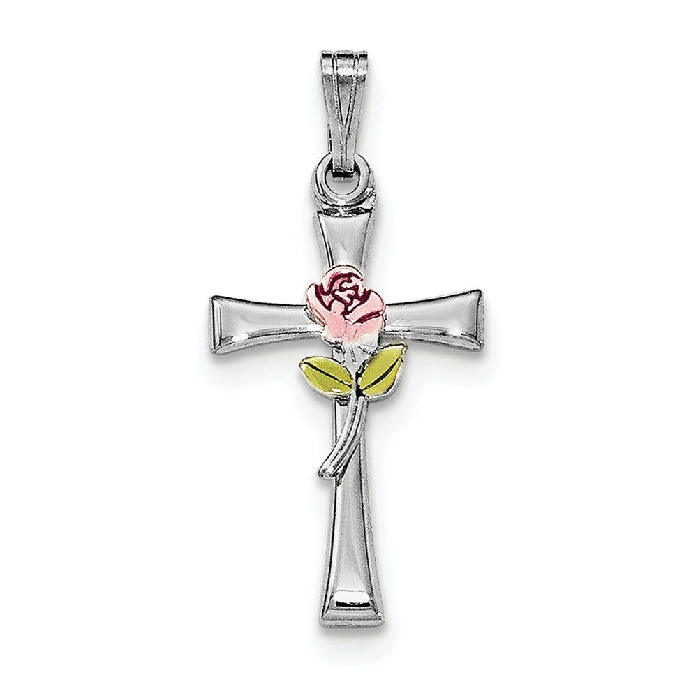 Sterling Silver Rhodium-plated Cross with Epoxy Rose Center Pendant