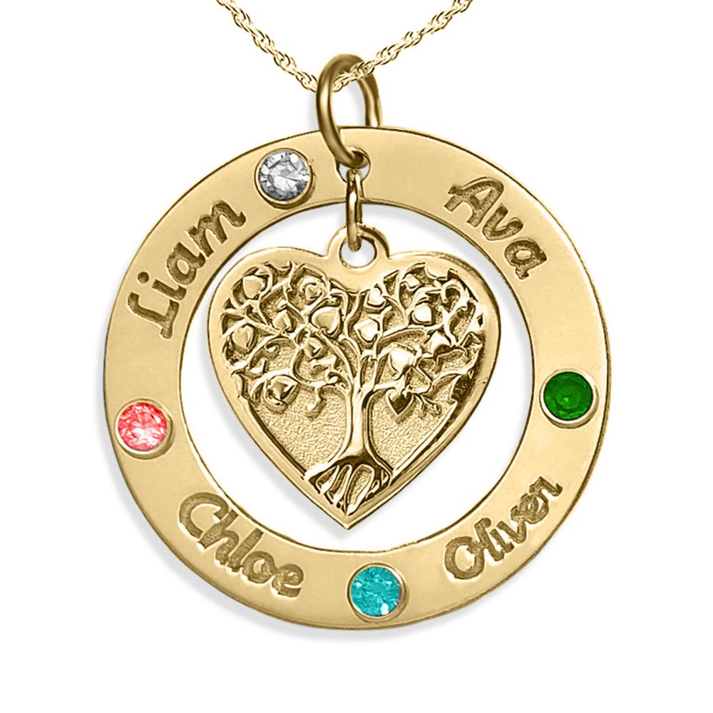 Personalized Round Family Tree Pendant with 4 Birthstones & Names
