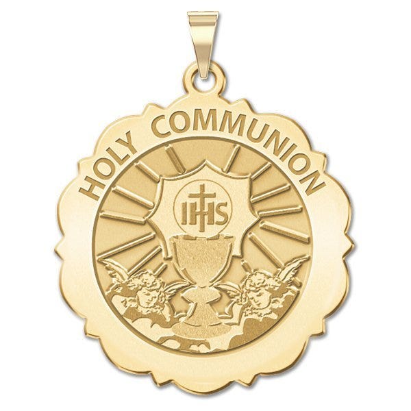 Holy Communion Scalloped Round Religious Medal "EXCLUSIVE"