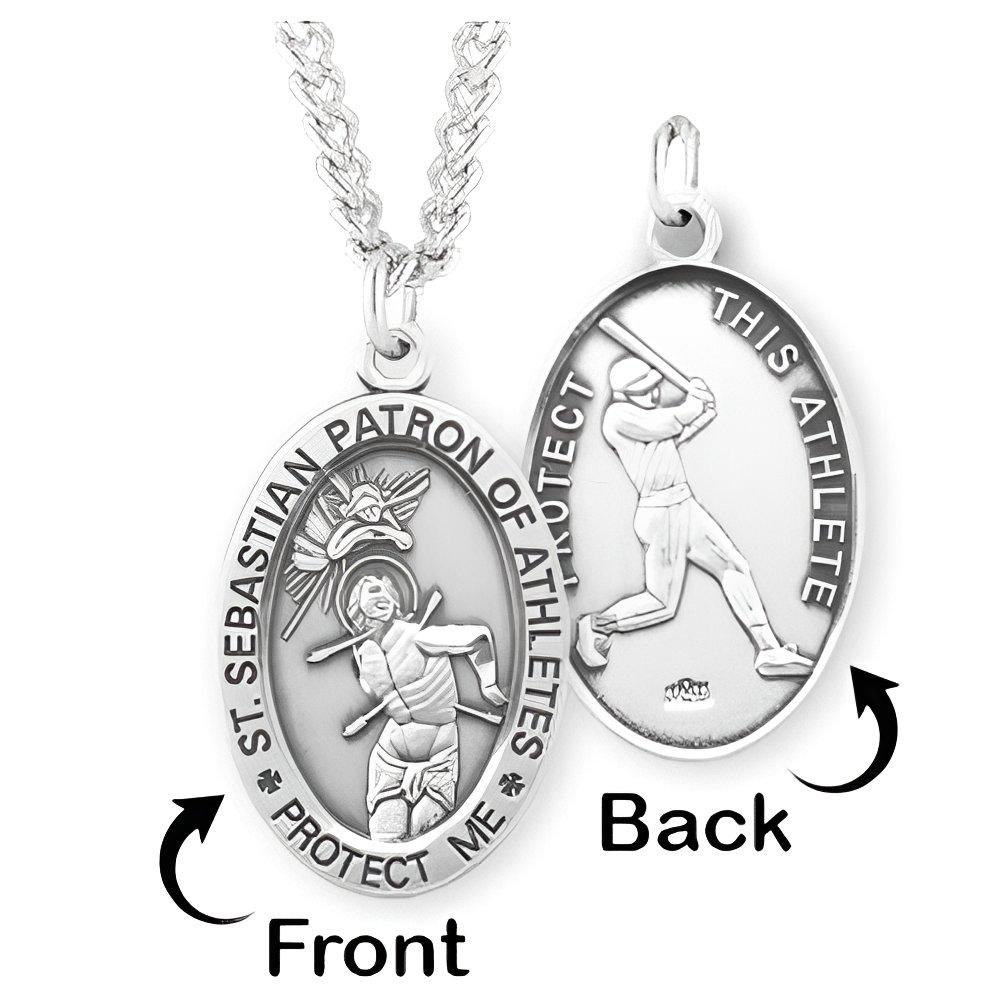 Sterling Silver Saint Sebastian Sided Baseball Oval Religious Medal w/ Chain