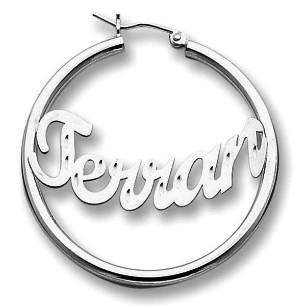 Sterling Silver Polished & Diamond-Cut Curved Script Name Silver-Dollar Size Hoop Earrings