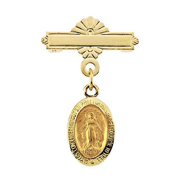 14K Gold Miraculous Religious Medal Baptismal Brooch - 1/3 Inch Wide x 1/2 Inch Tall in 14K Yellow Gold