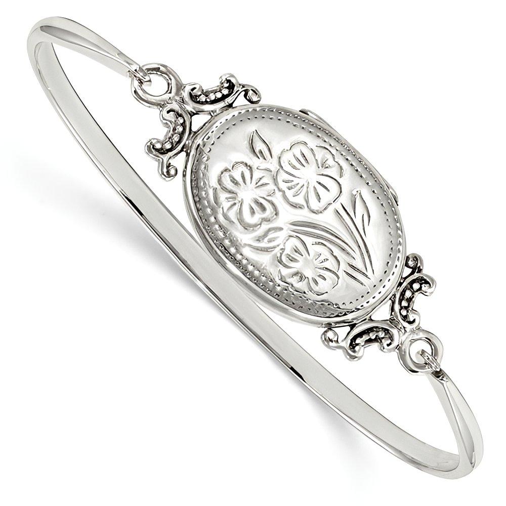 Silver Oval Floral Design Locket Bangle Bracelet