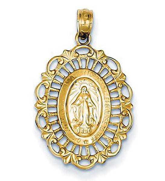 14K Yellow Gold Medium Scalloped Oval Miraculous  Medal Cut-Out Pendant