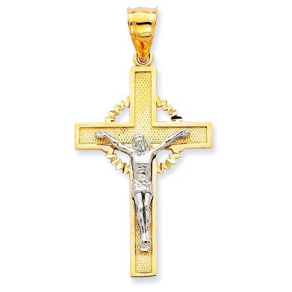 14K Two-Tone Gold Diamond Cut Halo Cross Crucifix Pendant
