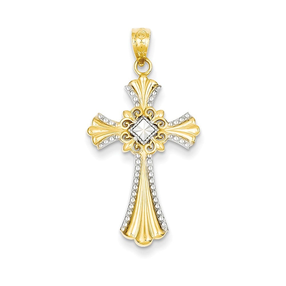 14k Rhodium Diamond-cut Flared-Tips Cross Pendant
