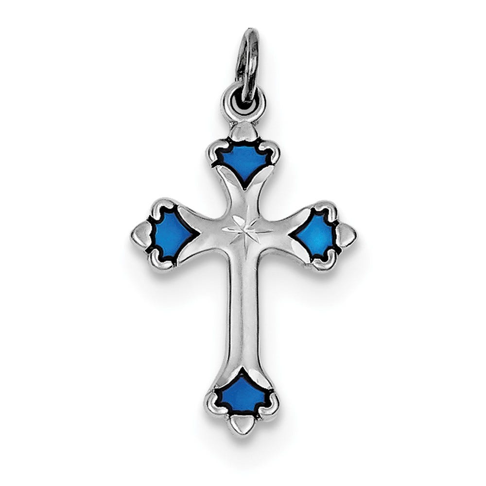 Sterling Silver Rhodium-plated Blue Enameled Budded Cross Charm