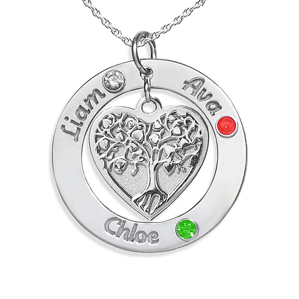 Personalized Round Family Tree Pendant with Three Birthstones & Names- Includes 18 Inch Chain