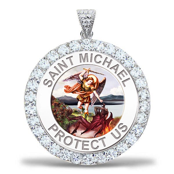 Saint Michael CZ Religious Round Medal Color - "EXCLUSIVE"
