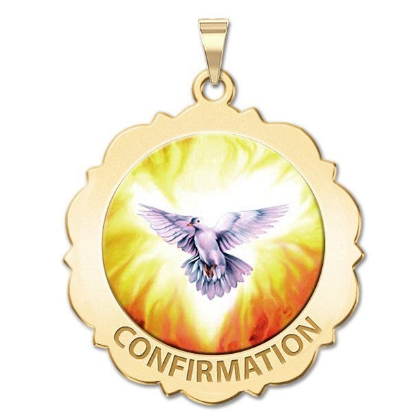 Confirmation Scalloped Round Religious Medal  - Holy Spirit "Color EXCLUSIVE"
