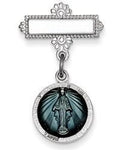 Sterling Silver Miraculous Medal Baptismal Brooch with Aqua Enamel