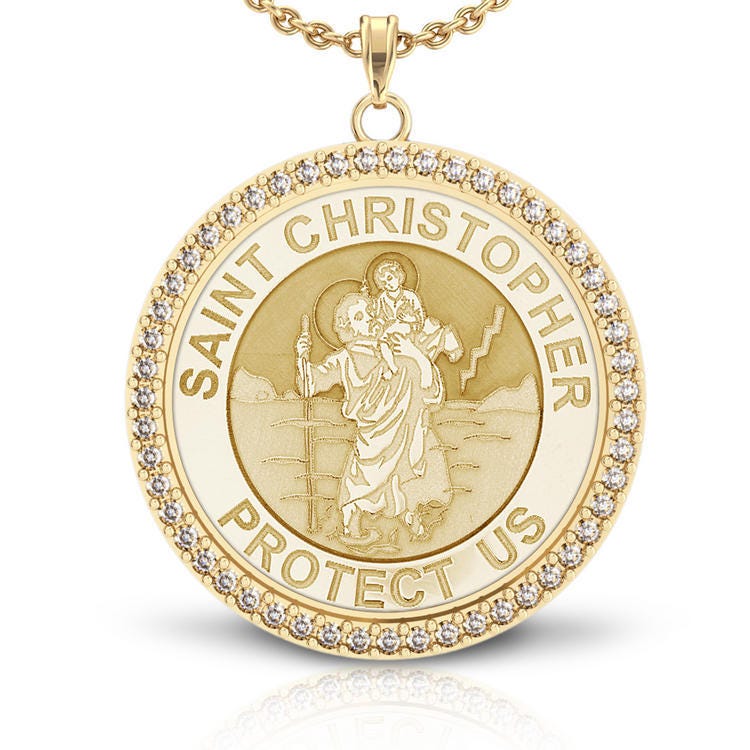 Saint Christopher Diamond Studded Round Religious Medal