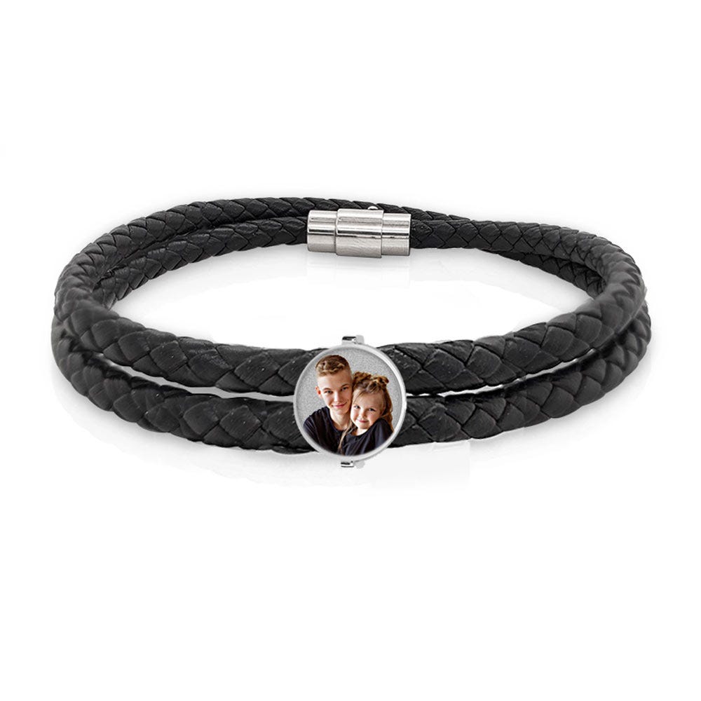 Photo Engraved Black Leather Rope Bracelet w/ Round Charm