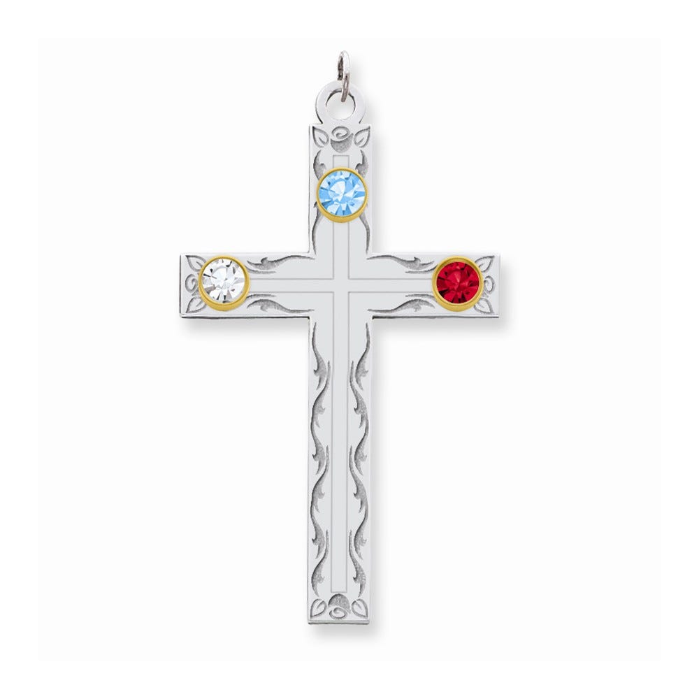 Sterling Silver/14k Bezel Crystal Family Cross Pendant